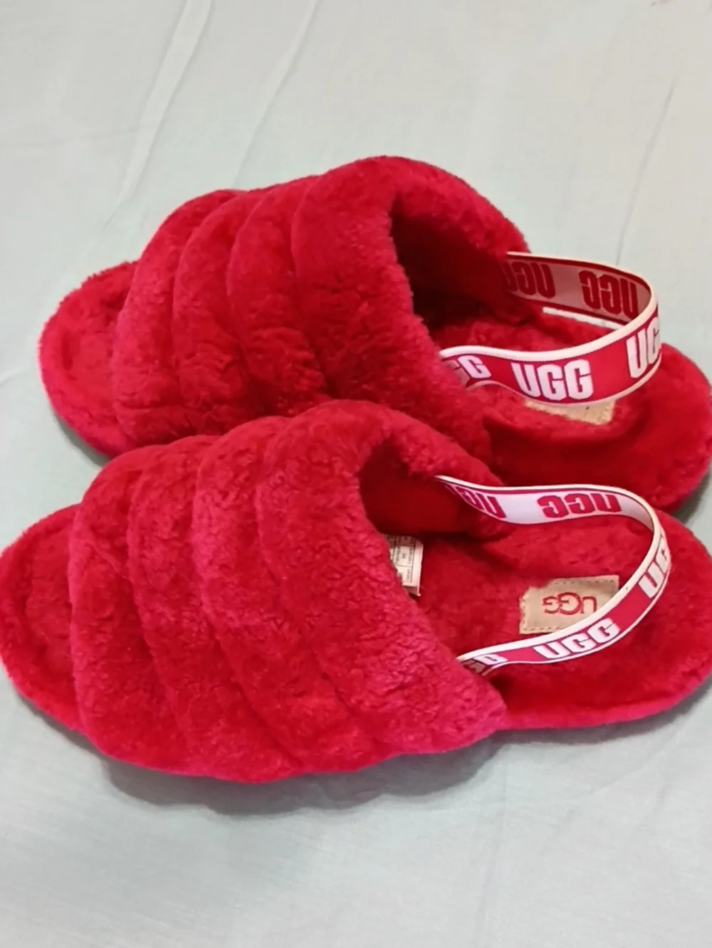 UGG Red Plush Slide Sandal with Branded Heel Strap